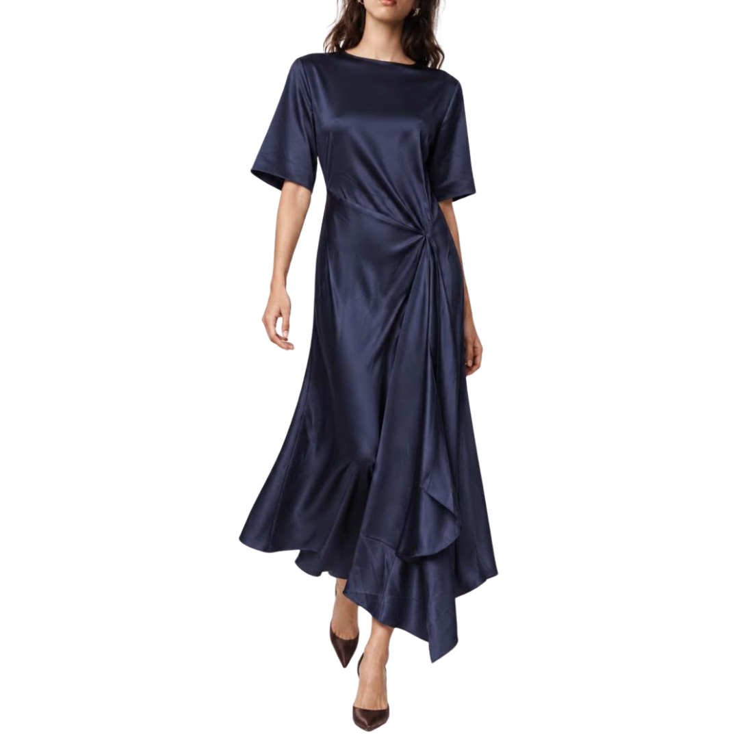 VESTIDO MIDI AZUL CON MANGA DE SATIN
