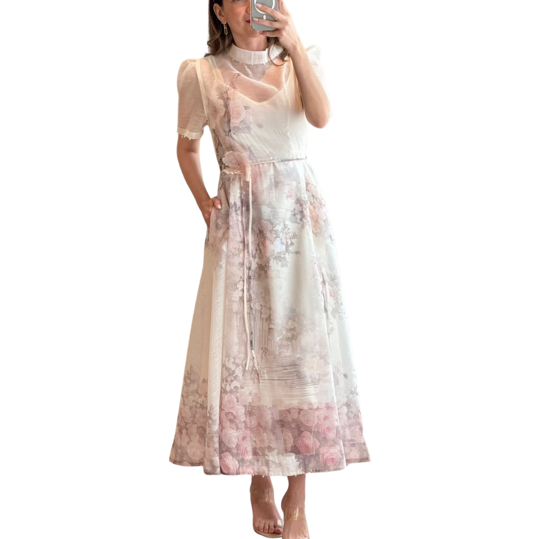 VESTIDO MIDI CON MANGA BEIGE CON FLORES
