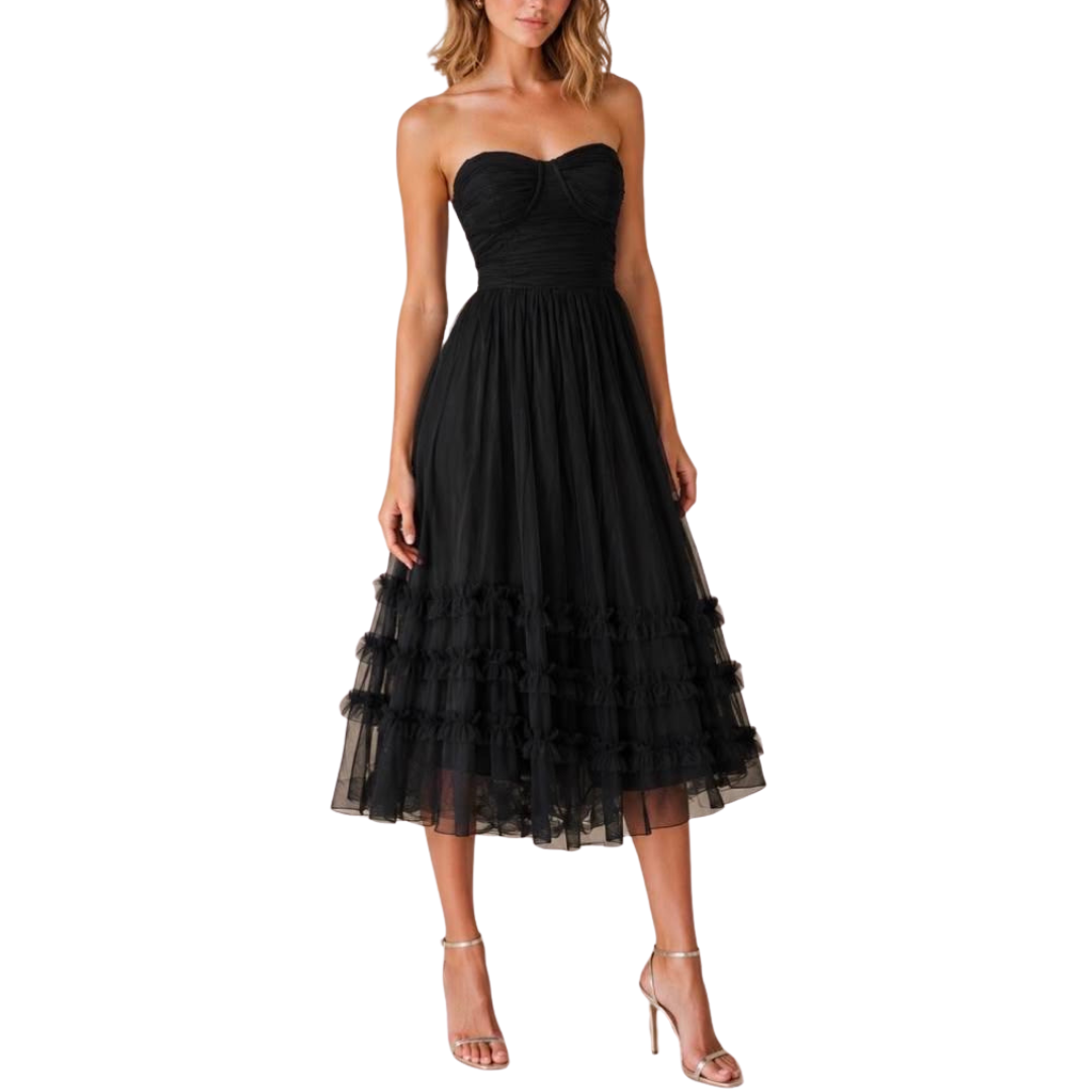 VESTIDO MIDI STRAPLESS DE TUL