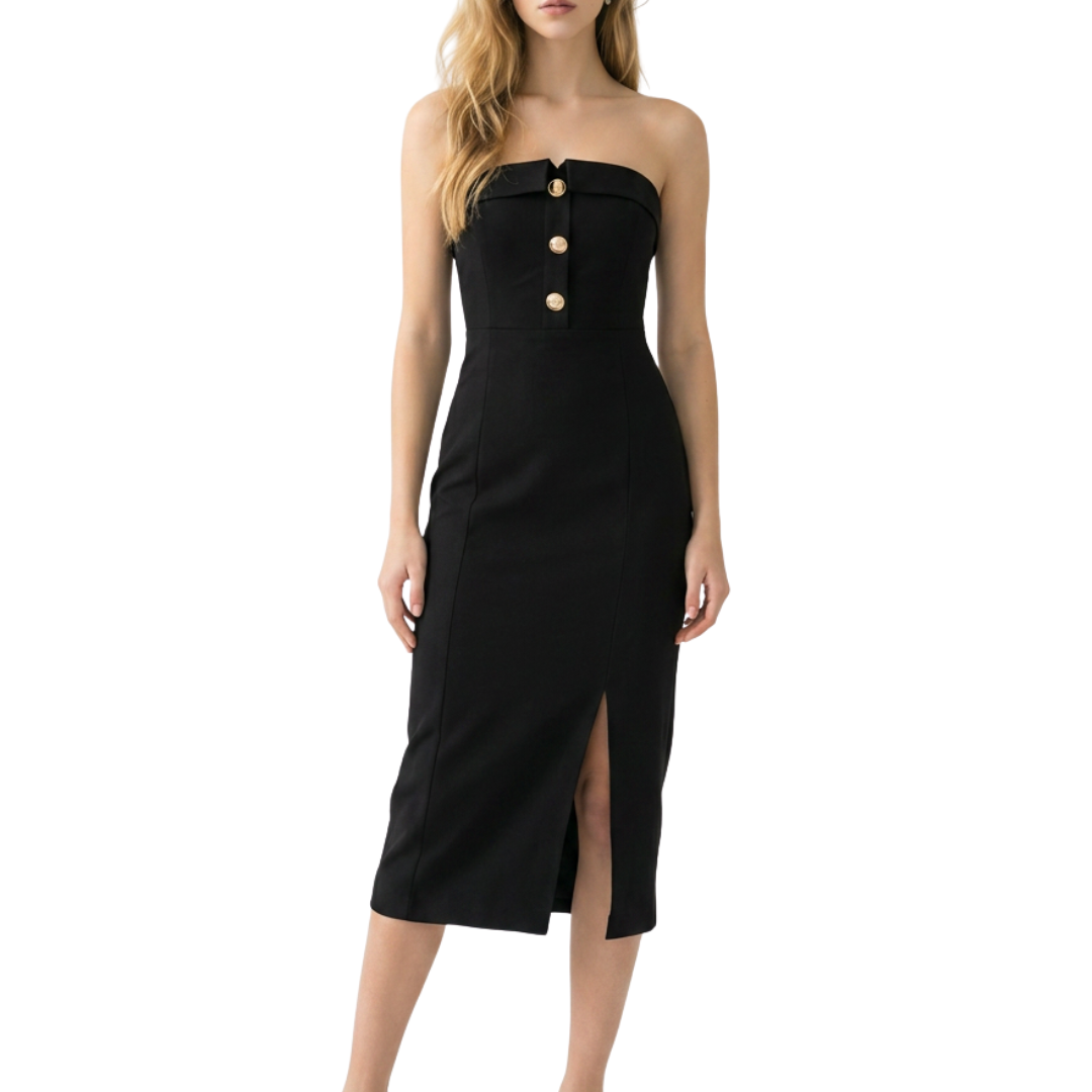 VESTIDO MIDI STRAPPLE COLOR NEGRO CON BOTONES DORADOS