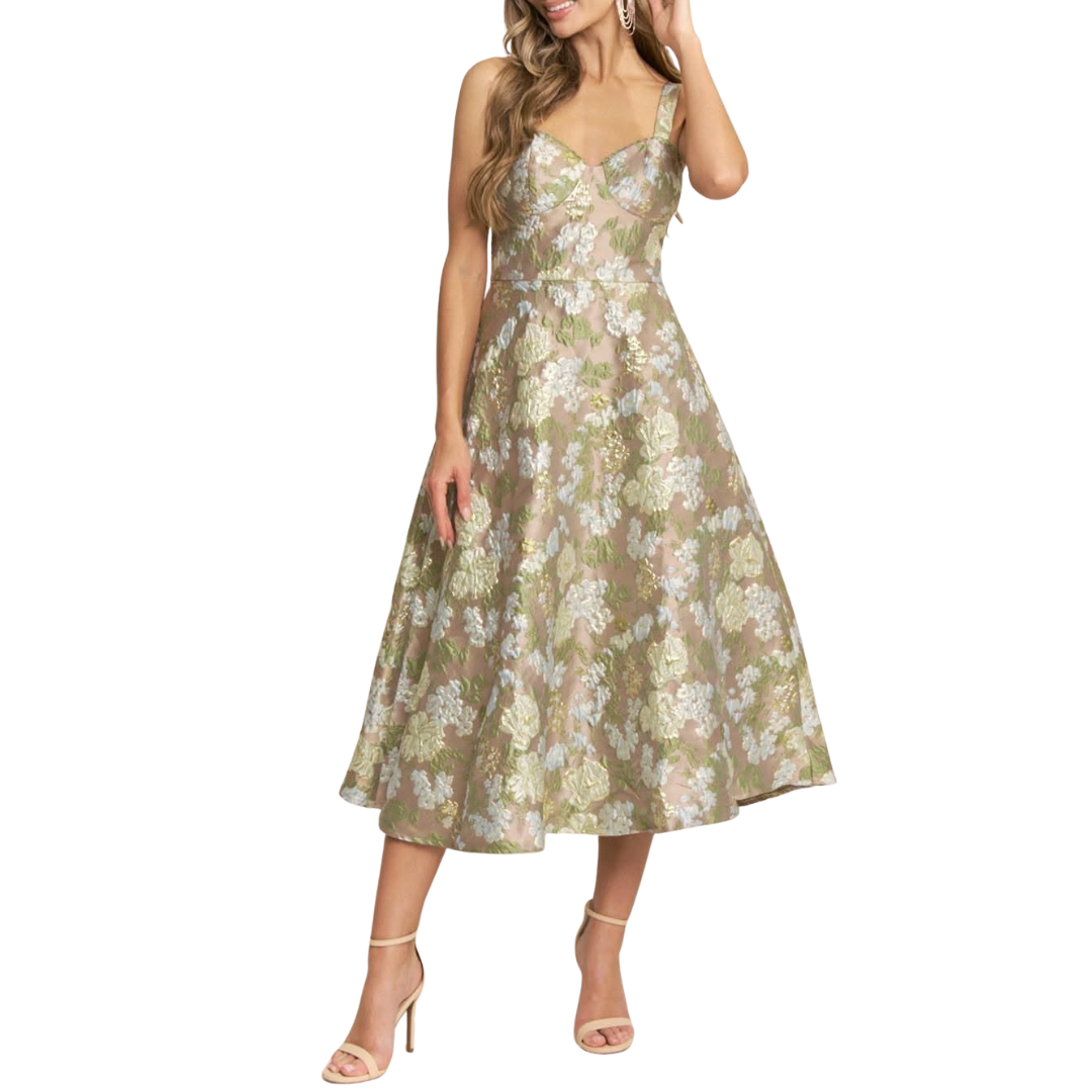 VESTIDO MIDI ESTAPADO FORES VERDE CON CELESTE