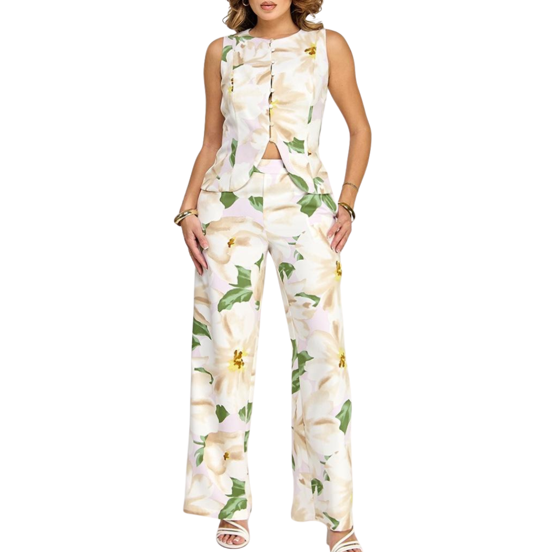 SET CHALECO Y PANTALON ESTAMPADO FLOREADO
