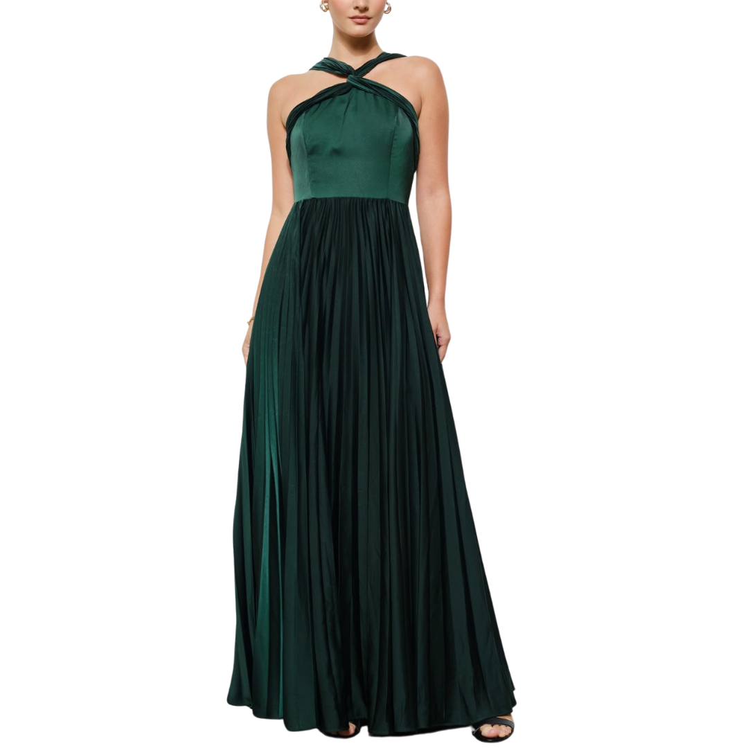 VESTIDO LARGO CON TABLONES VERDE OBSCURO
