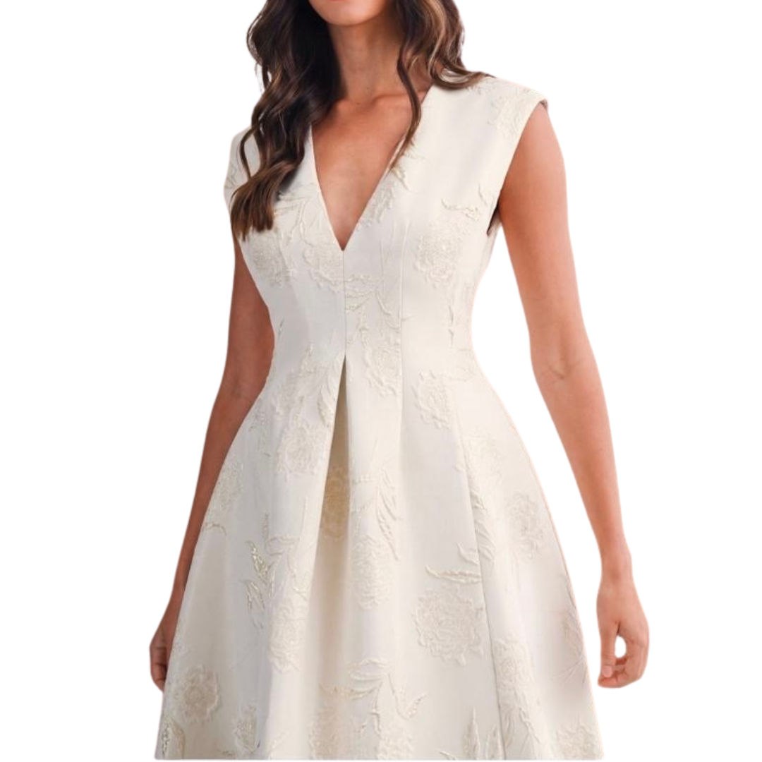 VESTIDO MIDI TELA BROCADA BEIGE CON DORADO