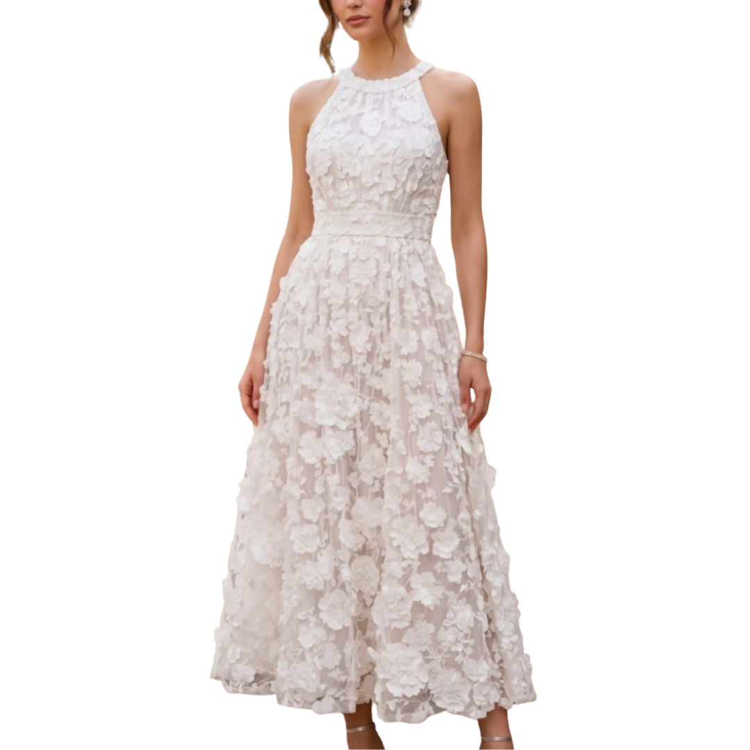 VESTIDO MIDI BEIGE CON FLORES BLANCAS