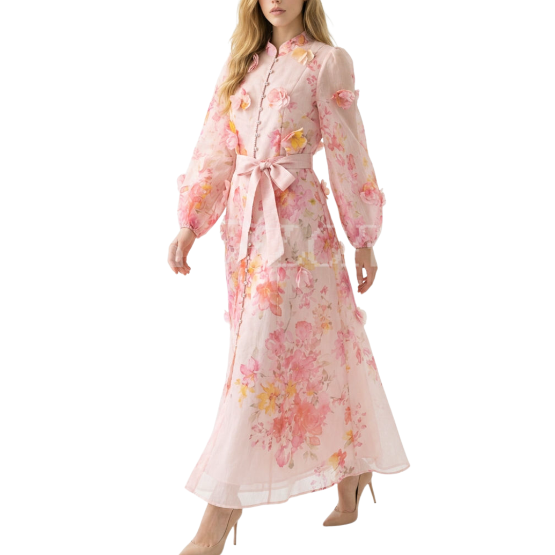 VESTIDO MIDI CON MANGA LARGA ROSA CON FLORES