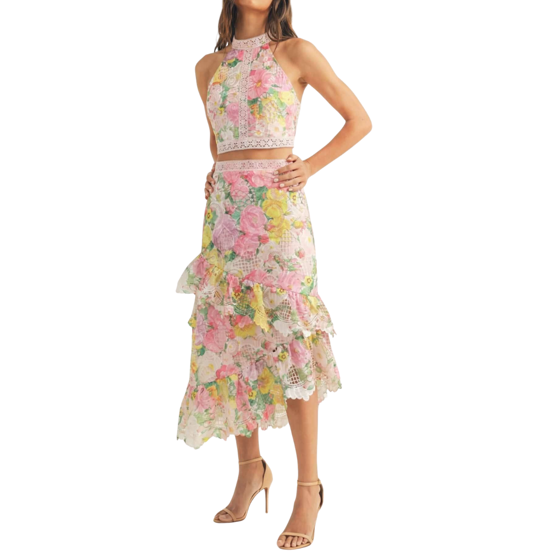 SET BLUSA Y FALDA TONOS ROSAS CON FLORES