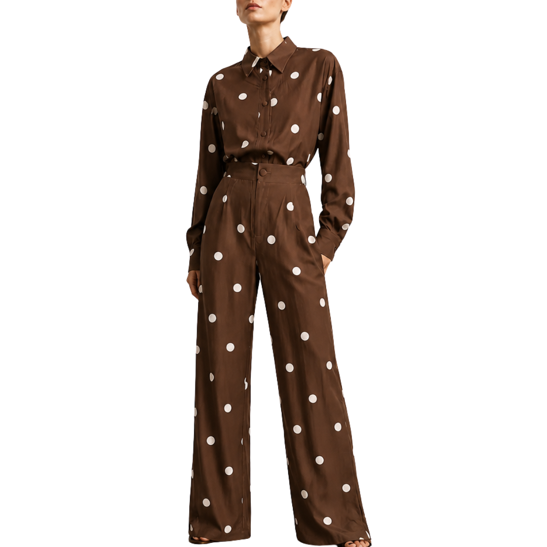 SET CHAQUETA Y PANTALON POLKA DOTS MARRON CON BLANCO