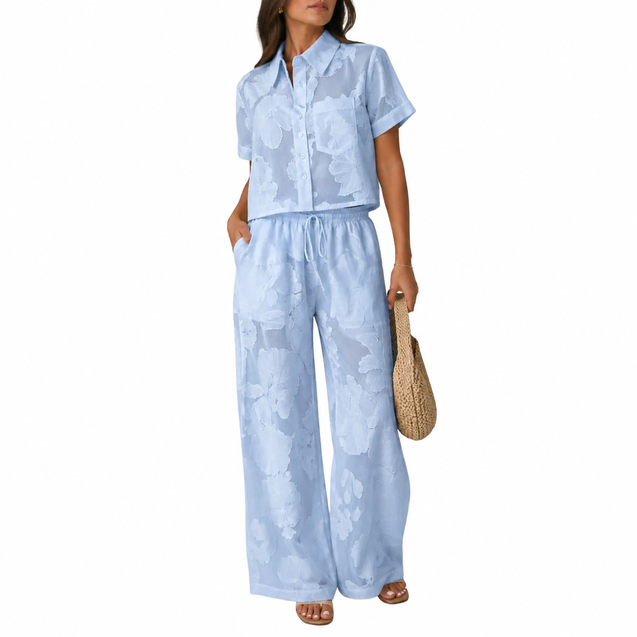 SET PANTALÓN Y BLUSA CELESTE ENCAJE