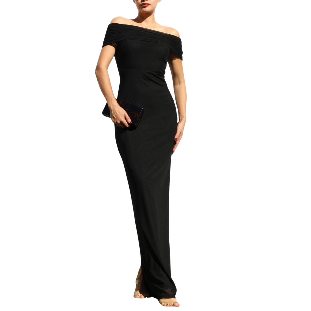 VESTIDO MIDI NEGRO HOMBROS CAIDOS MESH