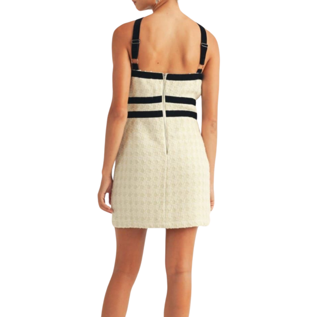 VESTIDO CORTO BEIGE CON MOÑOS DE TERCIOPELO