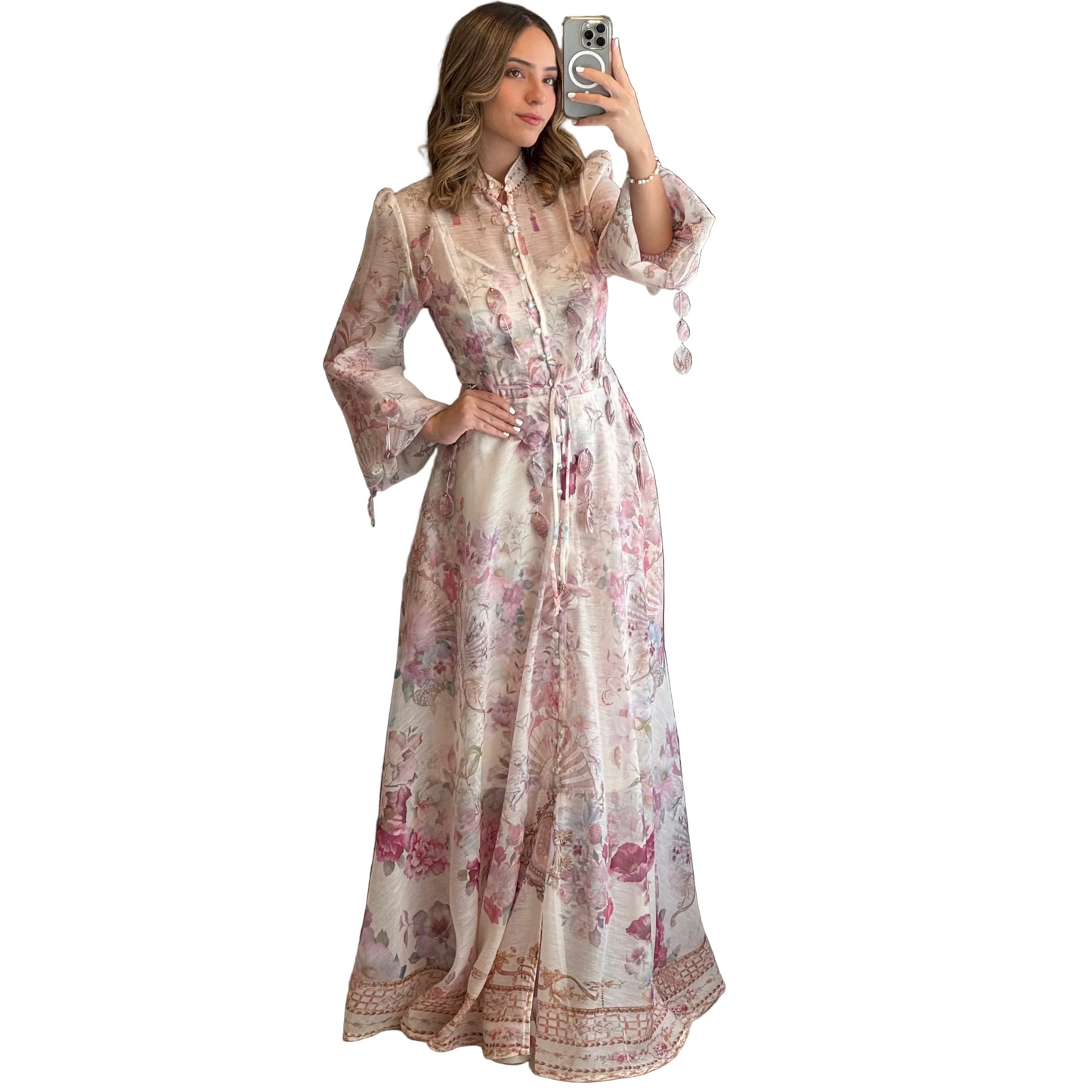 VESTIDO MANGA LARGA ESTAMPADO TONOS ROSAS