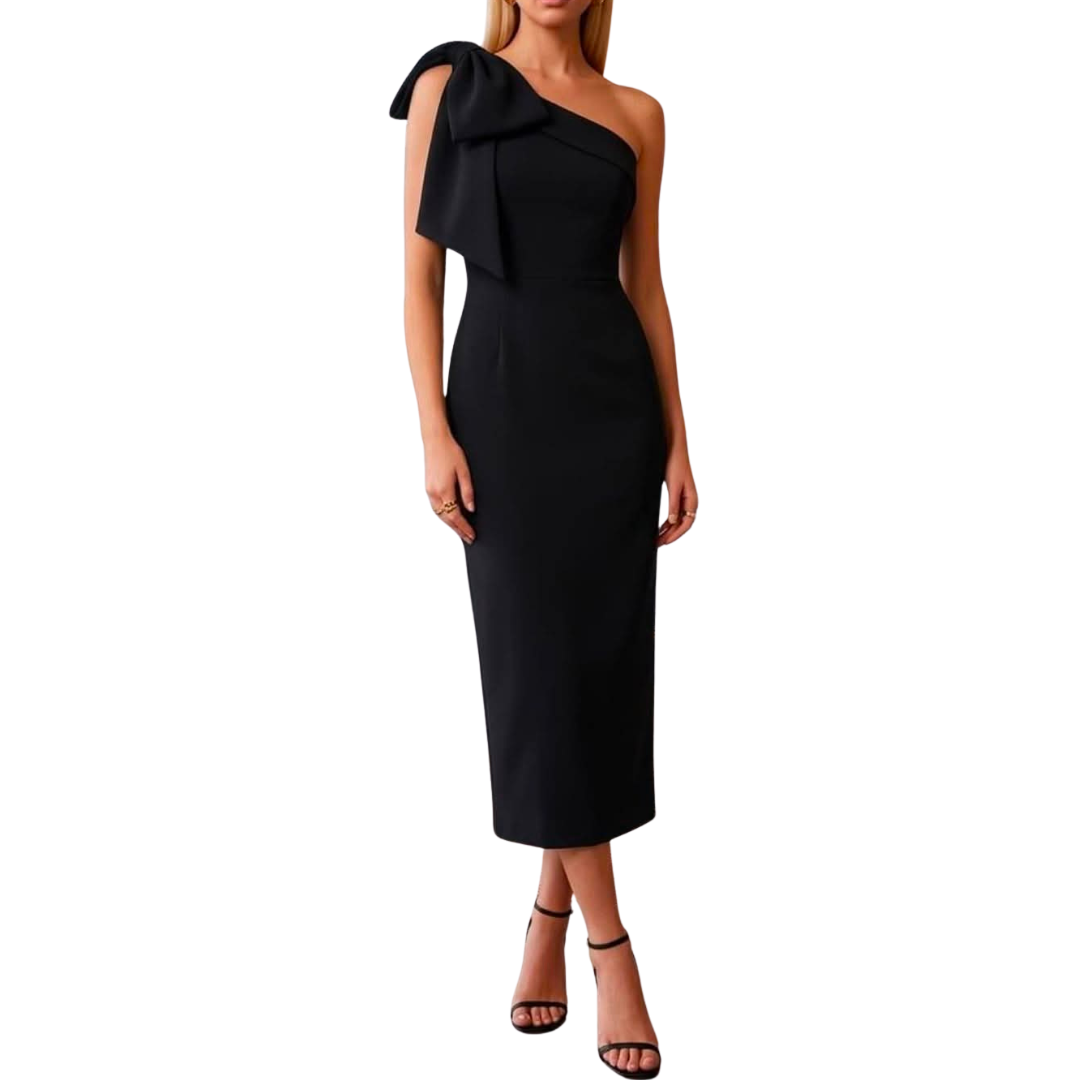 VESTIDO MIDI NEGRO CON MOÑO EN HOMBRO