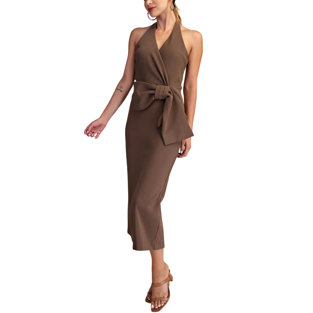 VESTIDO MIDI HALTER CON MOÑO CAFE