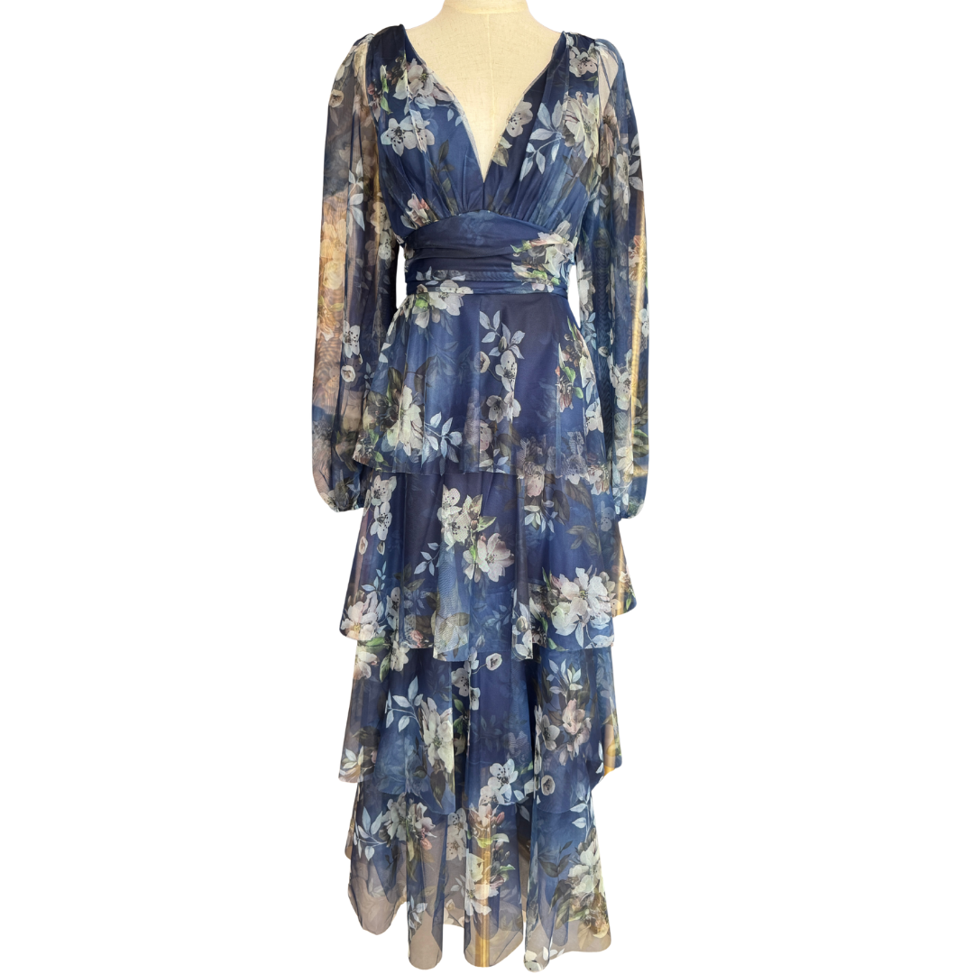VESTIDO MIDI AZUL FLOREADO DE TUL CON MANGAS