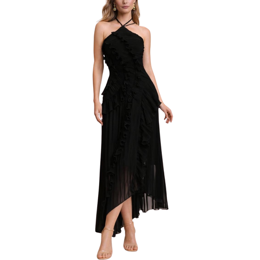 VESTIDO NEGRO HALTER TABLONEADO Y OLANES