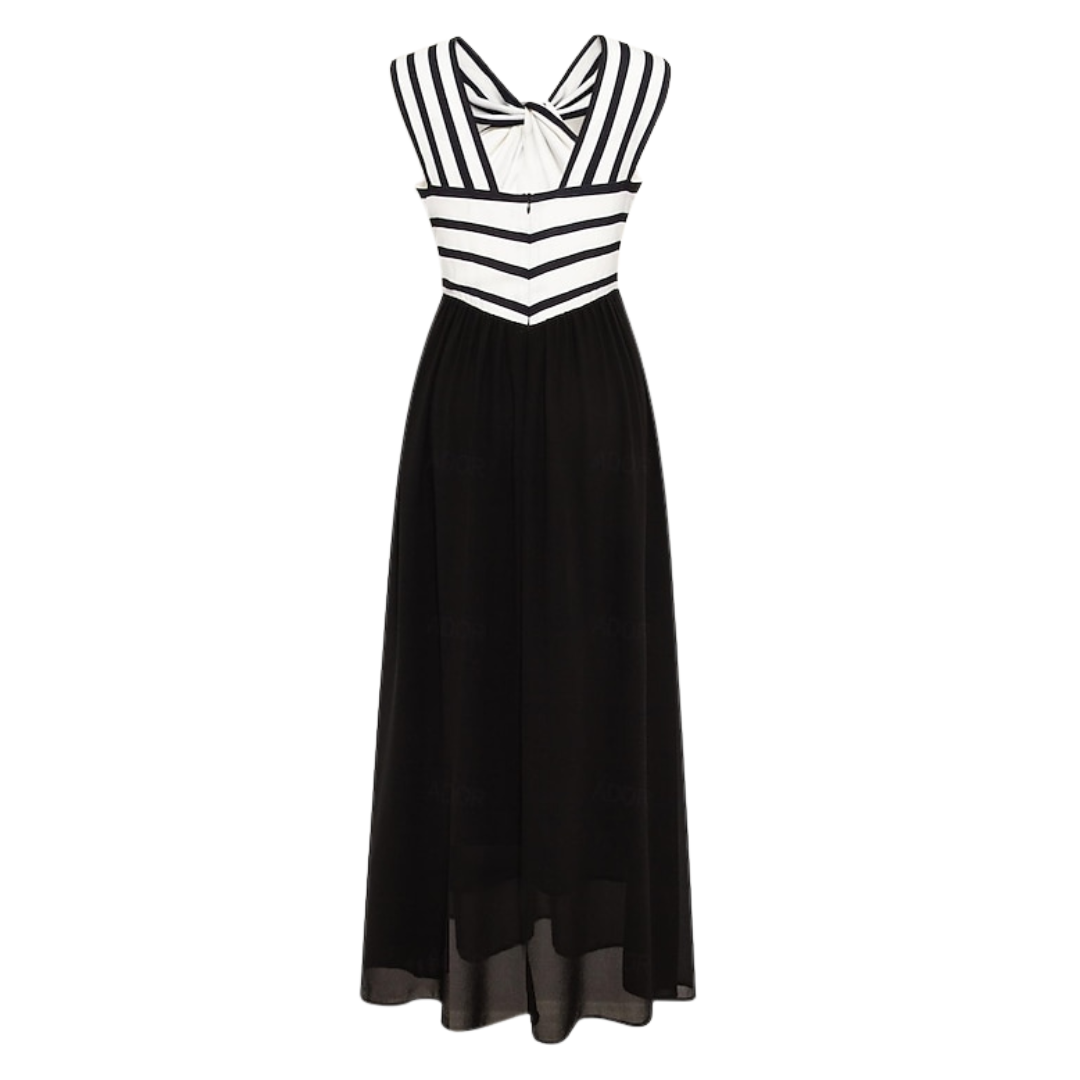 VESTIDO MIDI BEIGE Y NEGRO HALTER CRUZADO