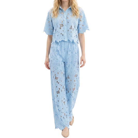 SET PANTALÓN Y BLUSA DE GUIPUR CELESTE ENCAJE