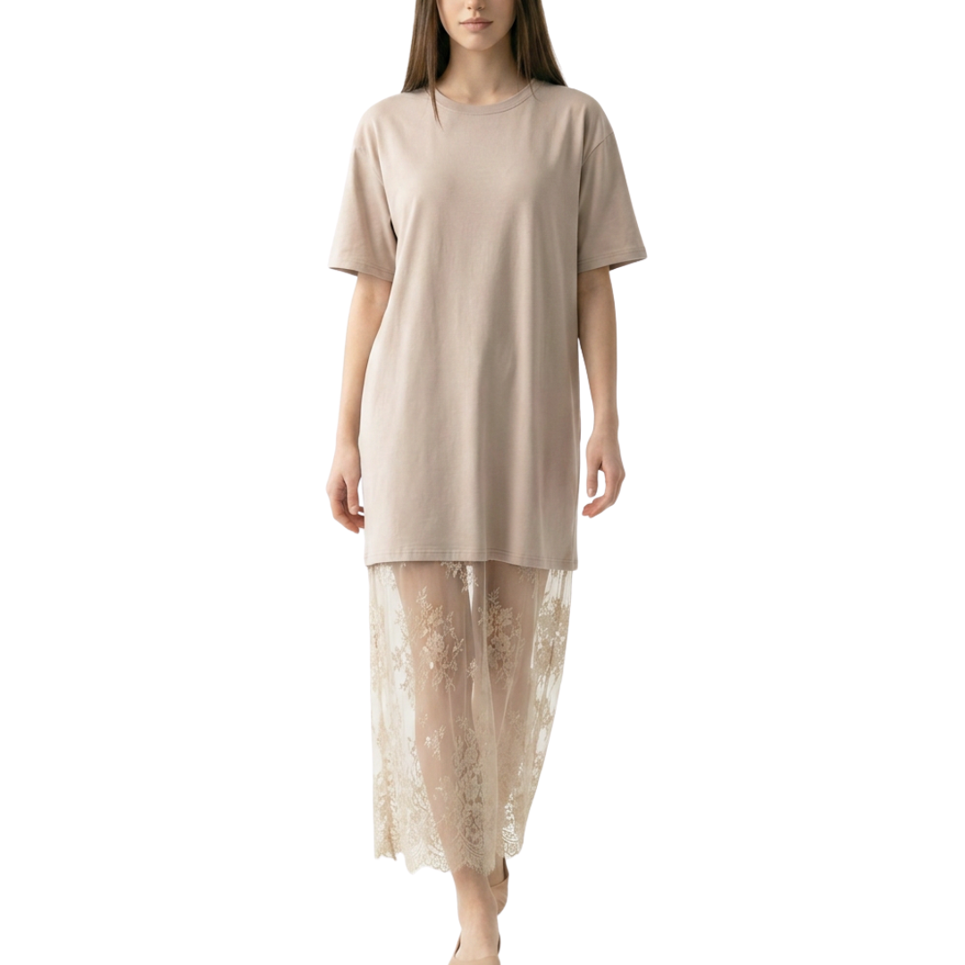 VESTIDO MIDI BEIGE DE CAMISETA CON ENCAJE