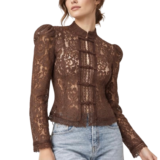 BLUSA MANGA LARGA DE ENCAJE CAFE