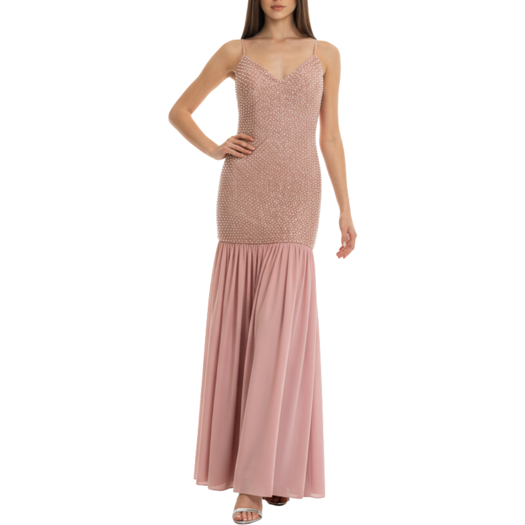 VESTIDO LARGO ROSA CLARO CON PERLAS