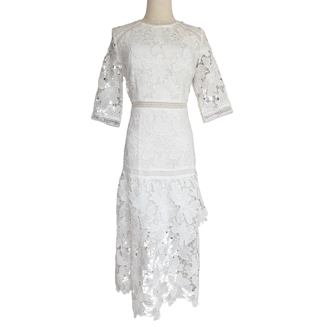 VESTIDO MIDI BLANCO ENCAJE CON OLANES