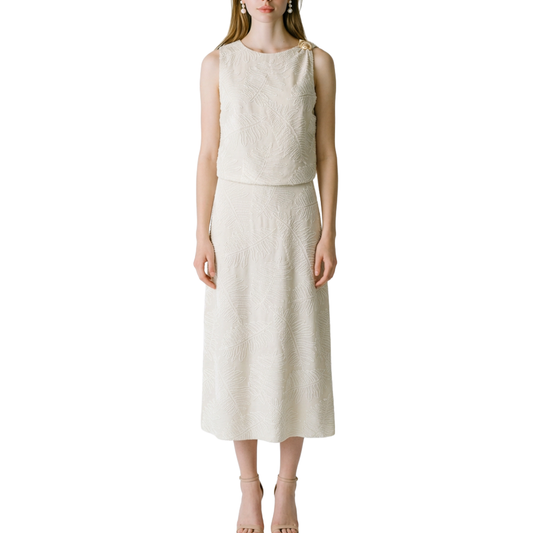 SET FALDA Y BLUSA TIPO LINO BEIGE CHALECO CON BOTÓN