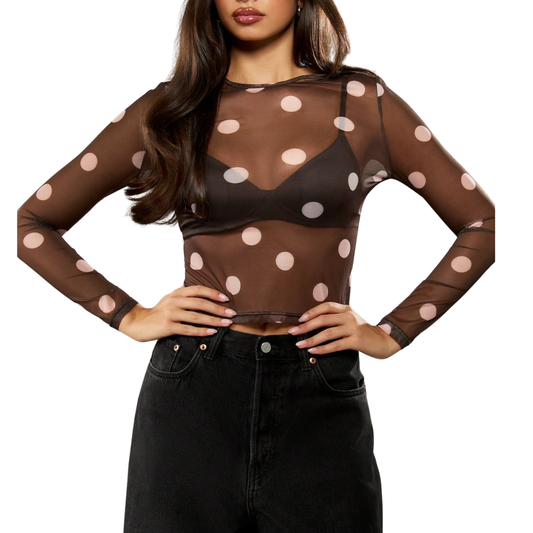 BLUSA MESH CAFÉ CON PUNTOS BLANCOS