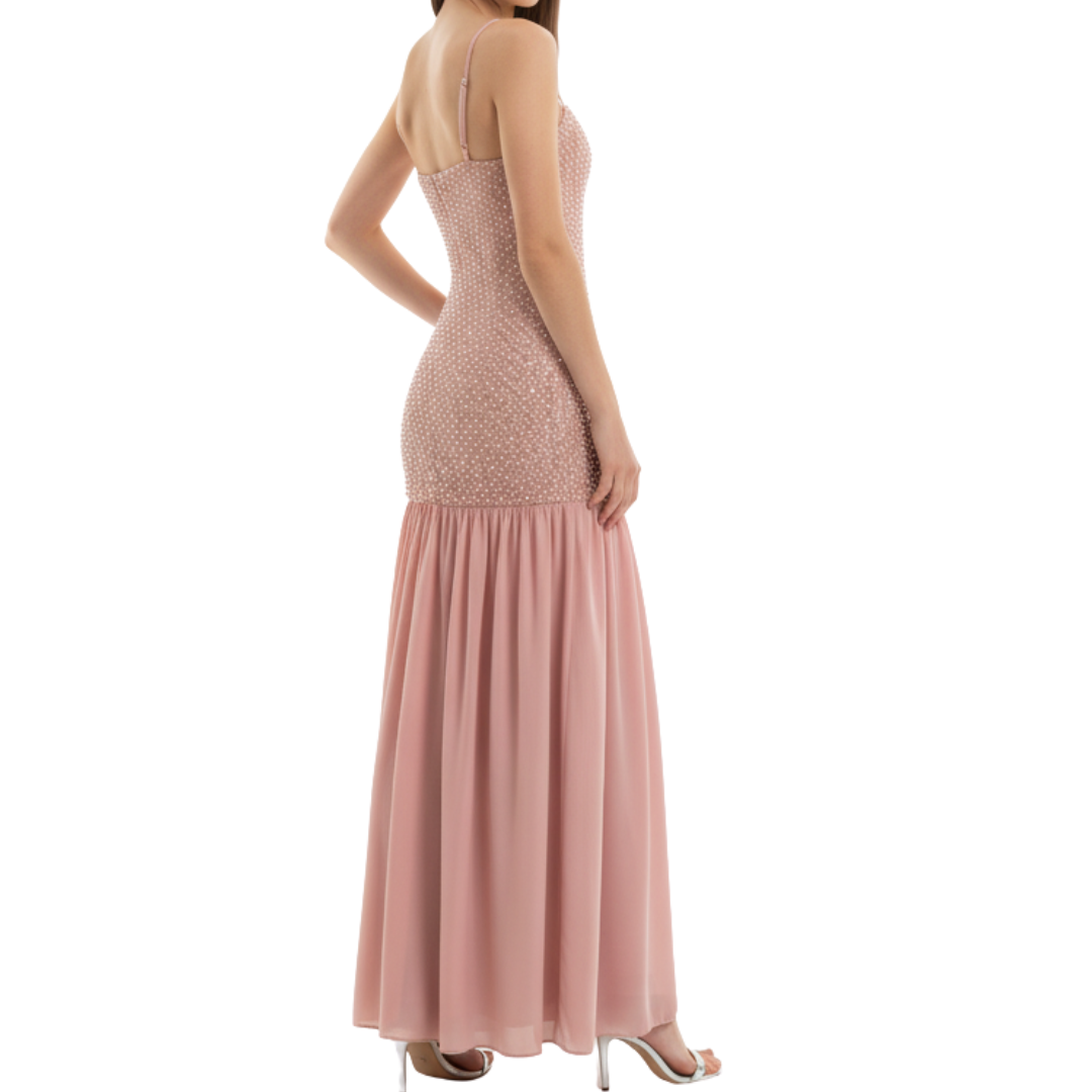 VESTIDO LARGO ROSA CLARO CON PERLAS