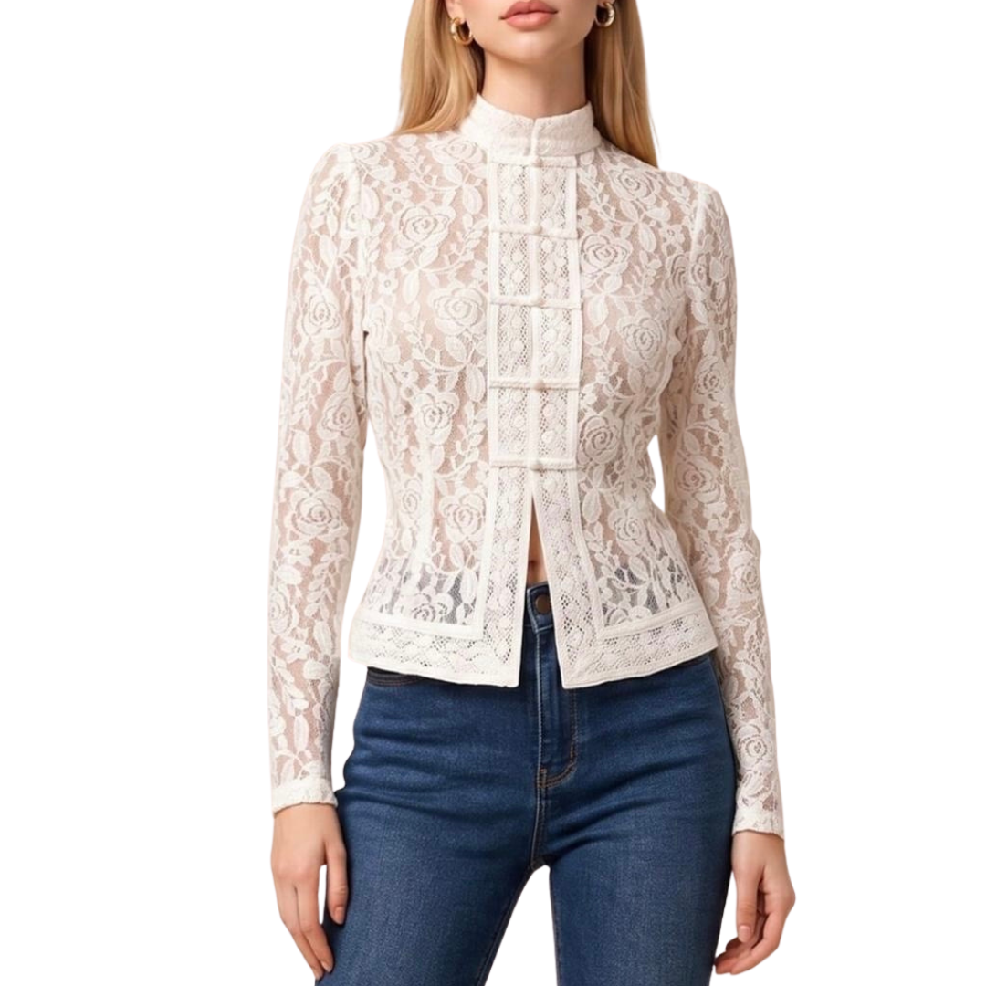 BLUSA MANGA LARGA DE ENCAJE BEIGE