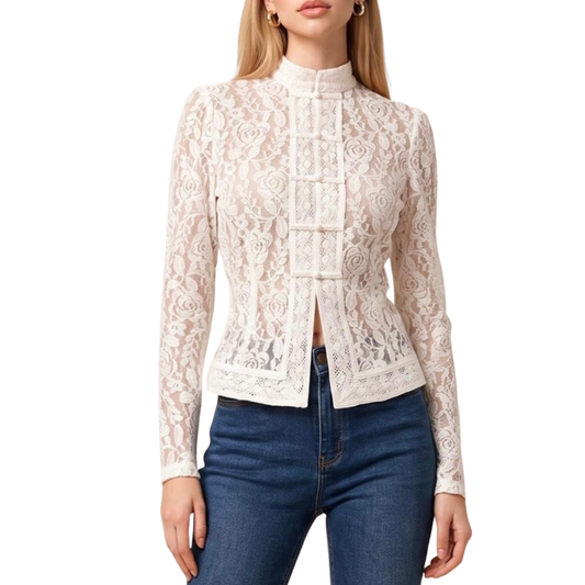 BLUSA MANGA LARGA DE ENCAJE BEIGE