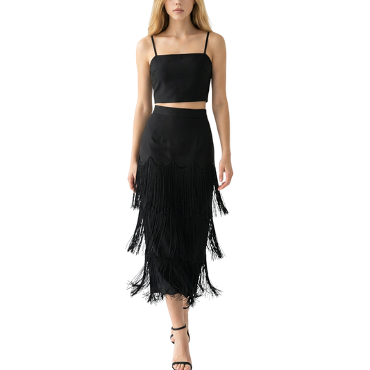 SET TOP Y FALDA CON FLECOS NEGRO