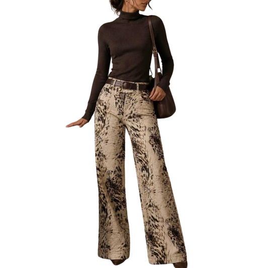 PANTALON DENIM BEIGE ANIMAL PRINT