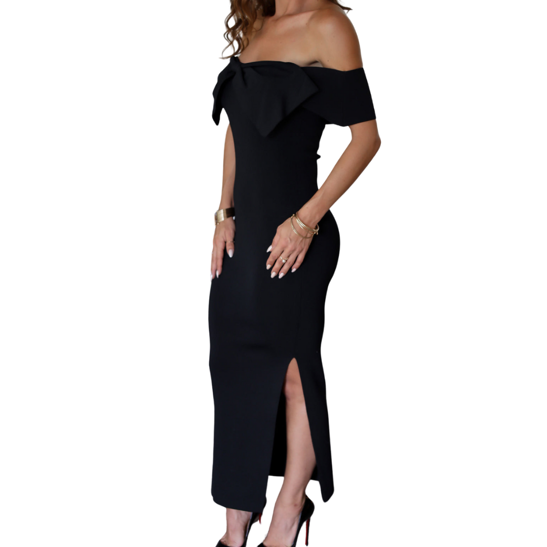 VESTIDO MIDI NEGRO CON MOÑO