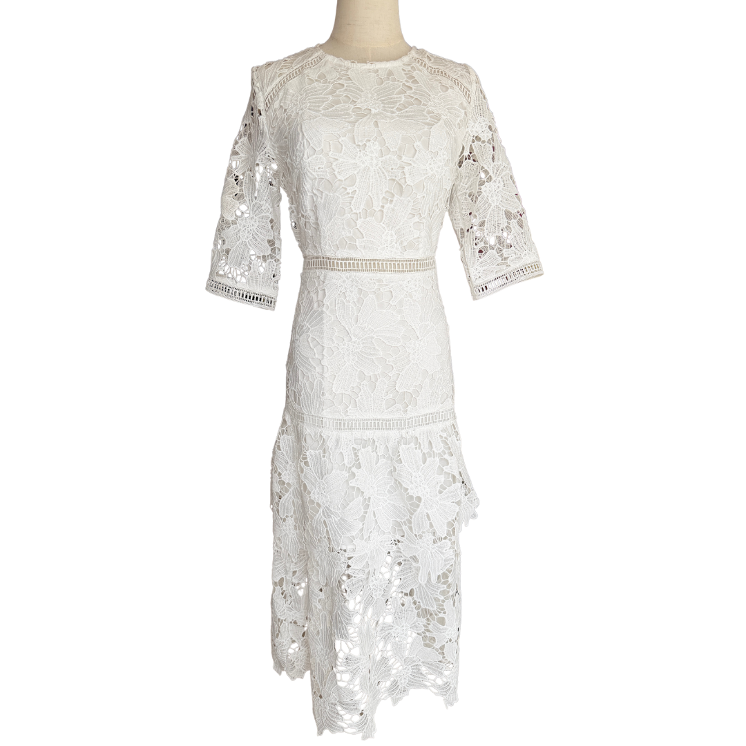 VESTIDO MIDI BLANCO ENCAJE CON OLANES