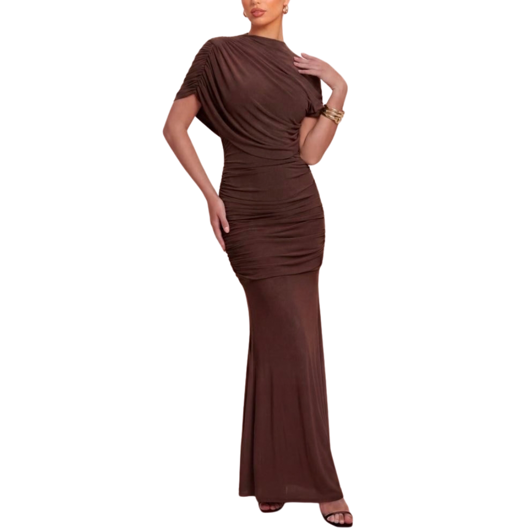 VESTIDO LARGO MESH CORRUGADO CON MANGA CORTA CAFE