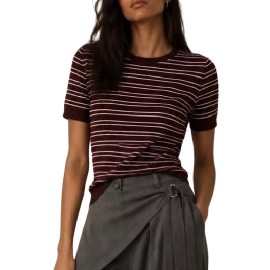 BLUSA TEJIDO DE PUNTO RAYAS CAFE CON BLANCO Y ROJO