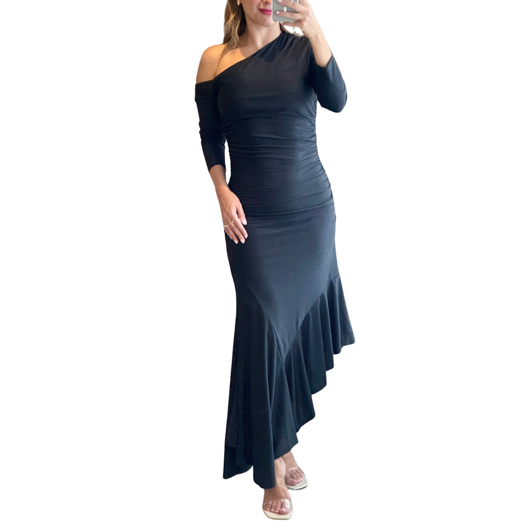 VESTIDO NEGRO MIDI MANGA LARGA