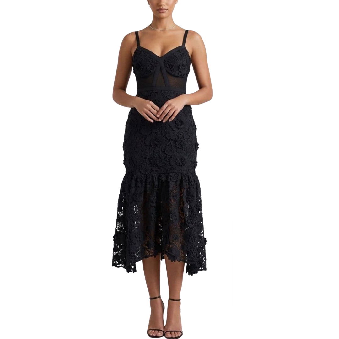 VESTIDO MIDI NEGRO CON MALLA EN CINTURA