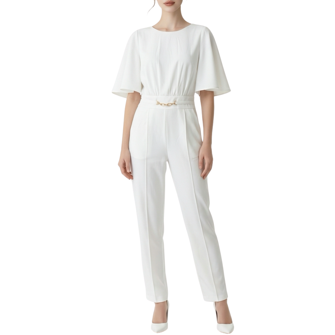 JUMPSUIT BLANCO CON MANGA Y DETALLE DORADO