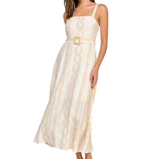VESTIDO MIDI BEIGE CON BORDADO