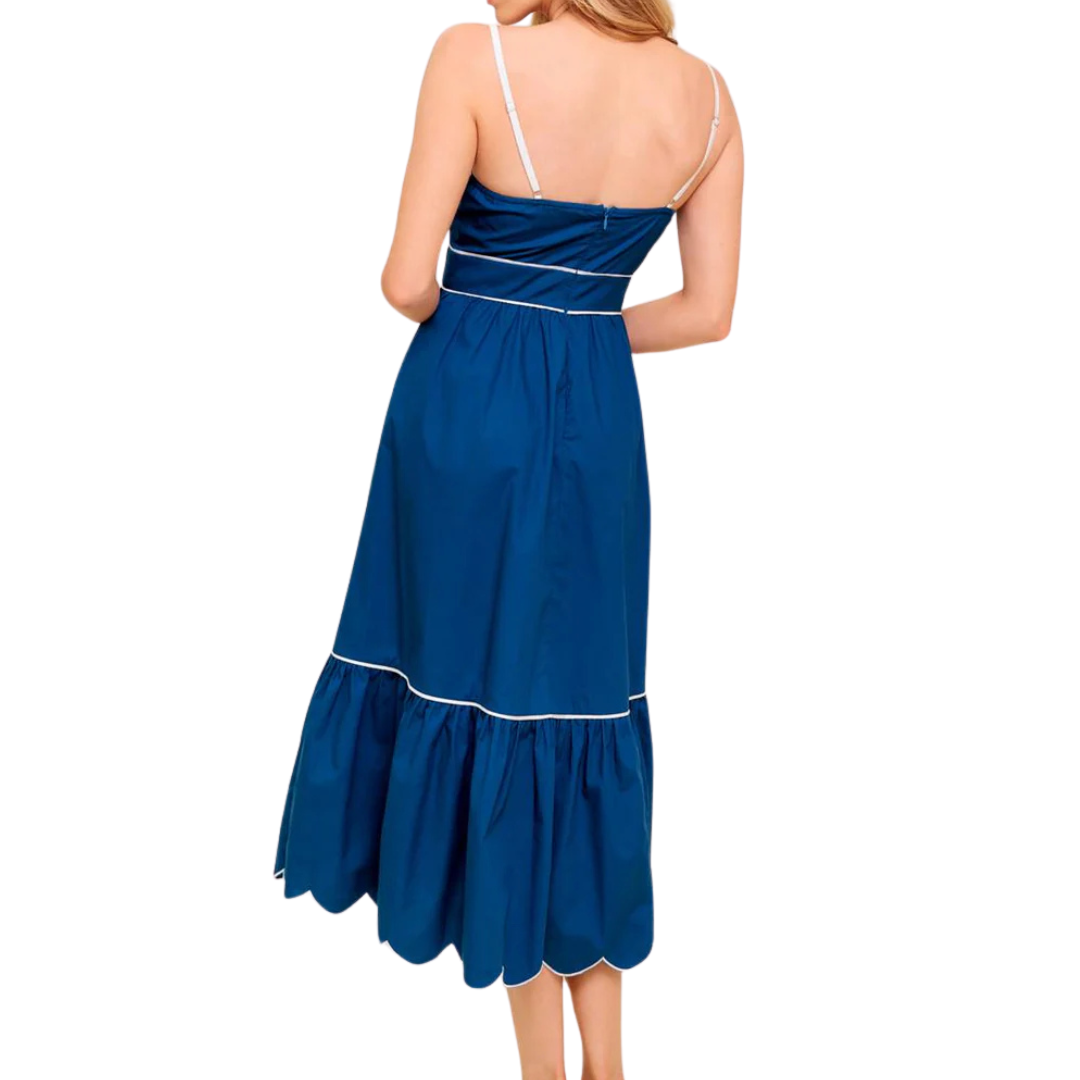 VESTIDO MIDI DE TIRANTES COLOR AZUL CON LÍNEA BLANCA