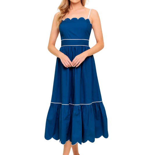VESTIDO MIDI DE TIRANTES COLOR AZUL CON LÍNEA BLANCA