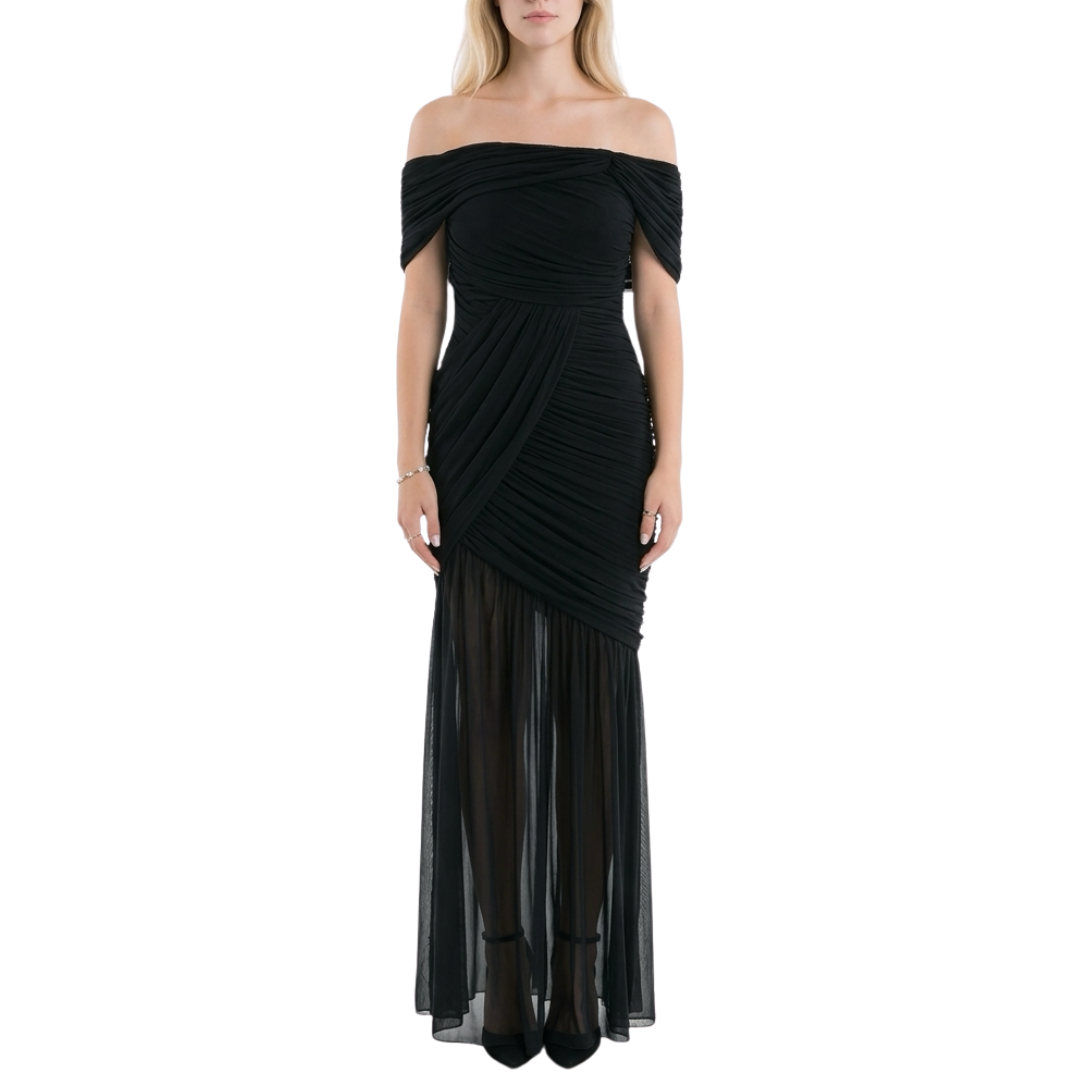 VESTIDO LARGO MESH CORRUGADO CON HOMBROS CAIDOS NEGRO