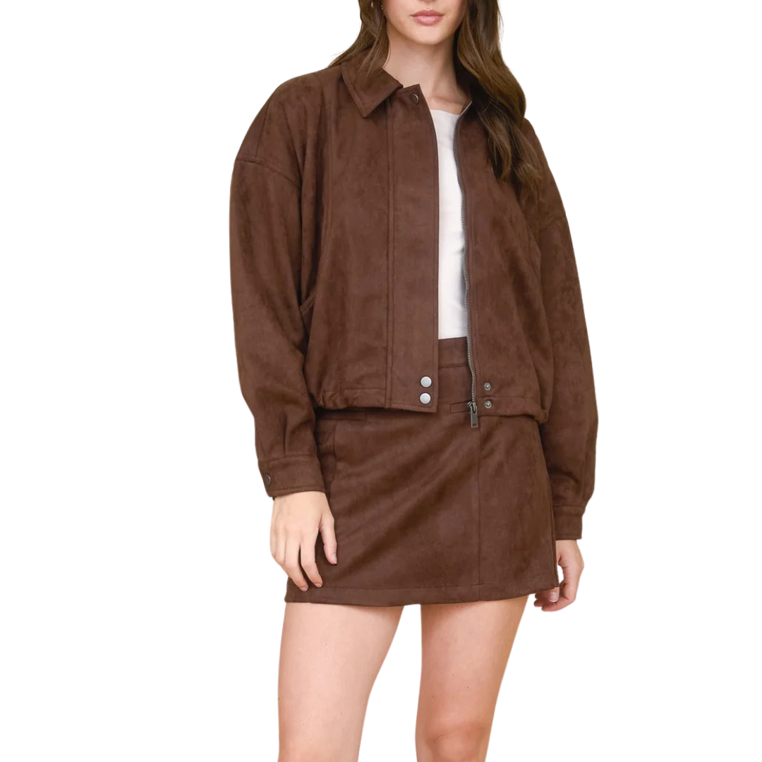 SET CAFÉ  DE GAMUSA CHAQUETA Y FALDA