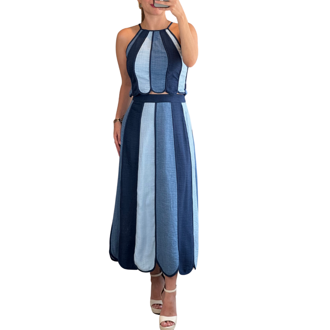 SET TOP Y FALDA TONOS AZULES TIPO LINO