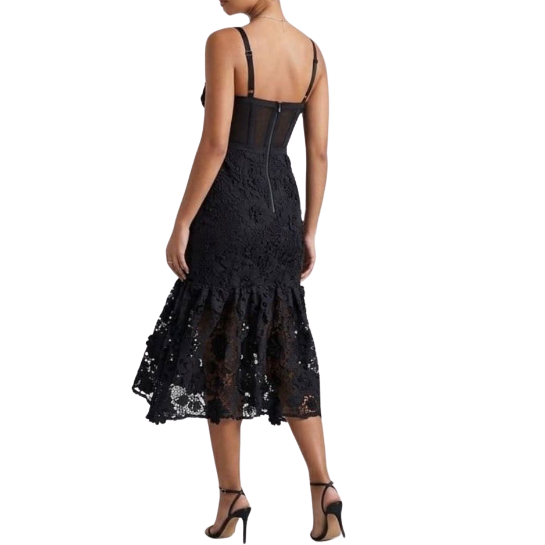 VESTIDO MIDI NEGRO CON MALLA EN CINTURA