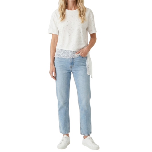 BLUSA BLANCA CON BRILLOS Y ENCAJE