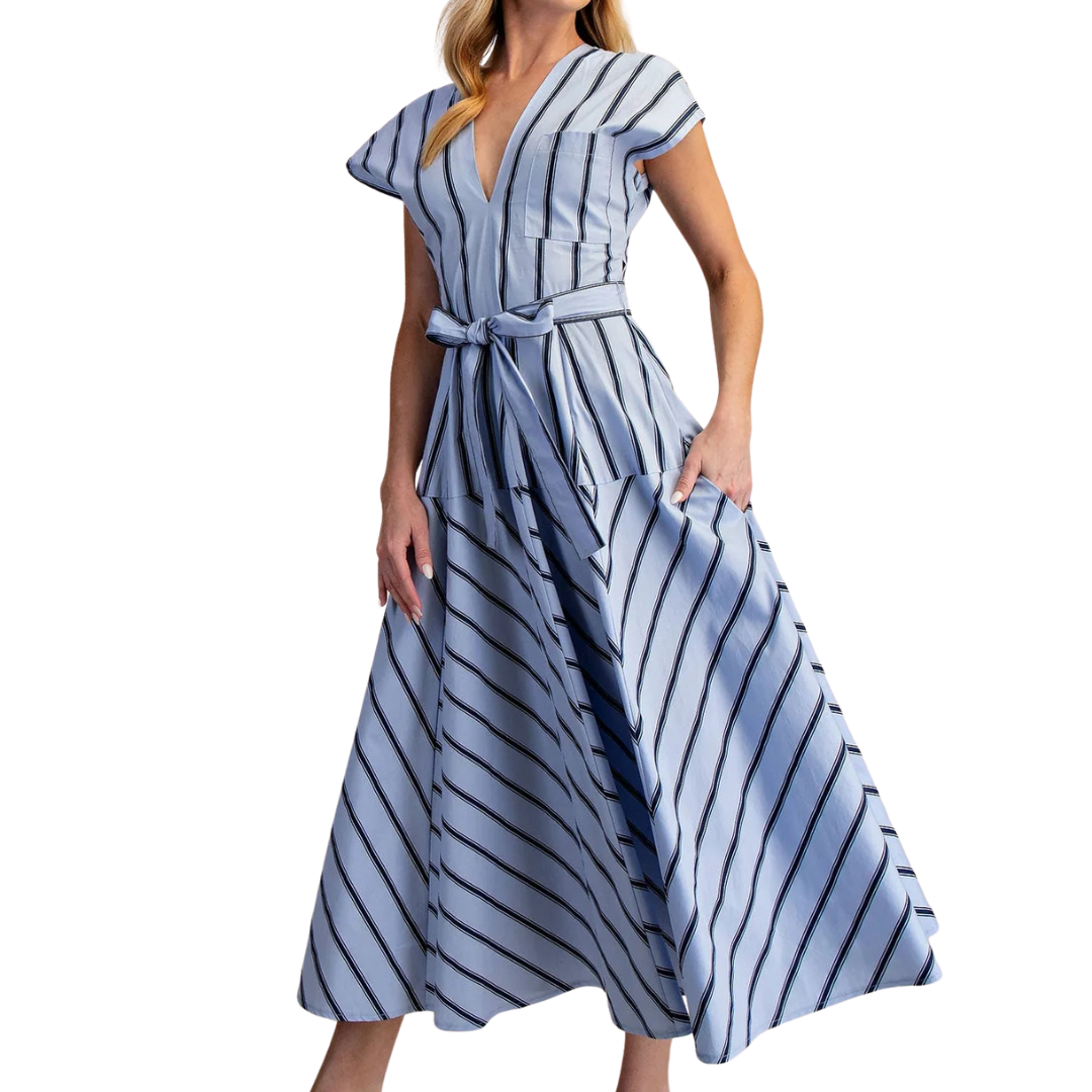 VESTIDO MIDI RAYAS CELESTE CON NEGRO