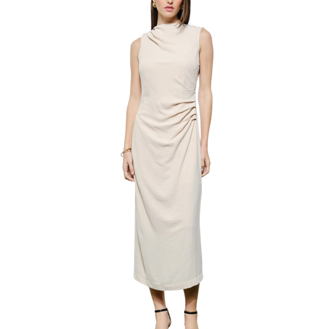 VESTIDO BEIGE MIDI SIN MANGA